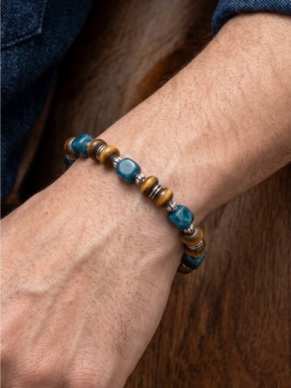 Handcrafted Blue Quartz and Brown Tiger’s Eye Bead Bracelet for Men